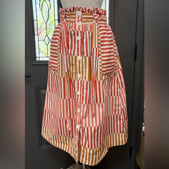 Who What Wear Geo Striped Belted Paper Bag Waist Button Front Midi Skirt - Picture 2 of 9